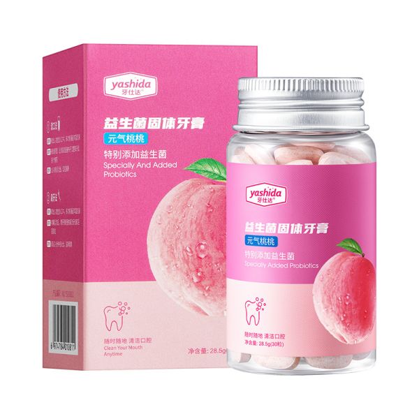 Toothpaste tablets for protecting and whitening teeth with peach flavor YASHIDA CYCLONE MINT Specially Added Probiotics, 30 pcs.