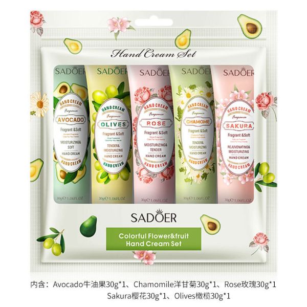 Set of hand creams SADOER (avocado, olive, rose, chamomile, sakura), 5*30g